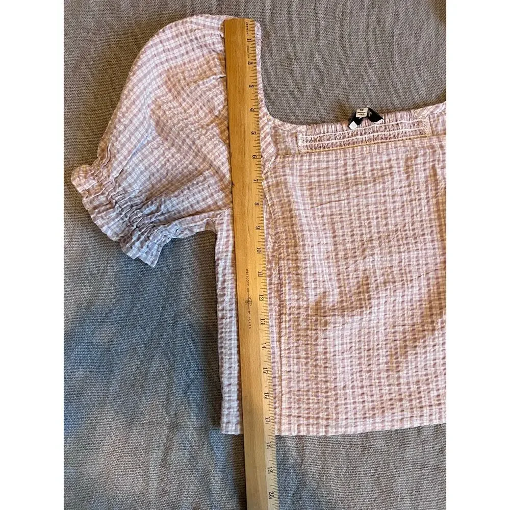 MADEWELL Seersucker Hopewell Puff-Sleeve Crop Top Womens Plaid Mauve Blouse XS